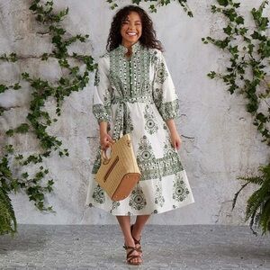 knee length dresses for ladies Palm Damask Flutter Cap Sleeve Dress